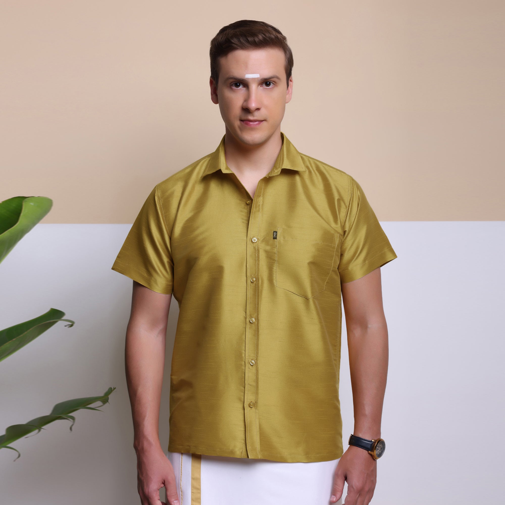 Men's Ethnic Wear Silk Shirt (Yellow)