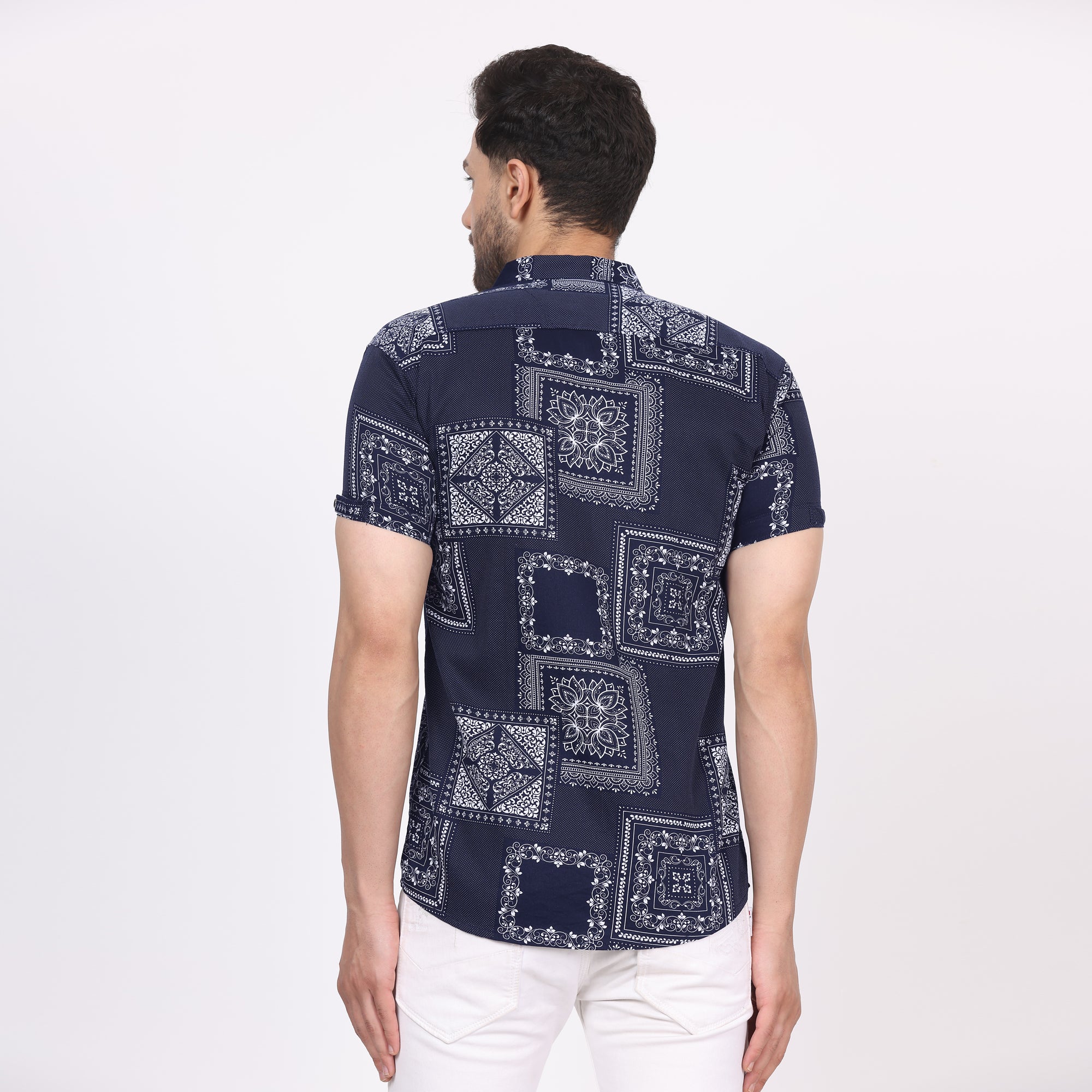 Men's Regular Fit Half Sleeve Printed Shirt-Navy Blue