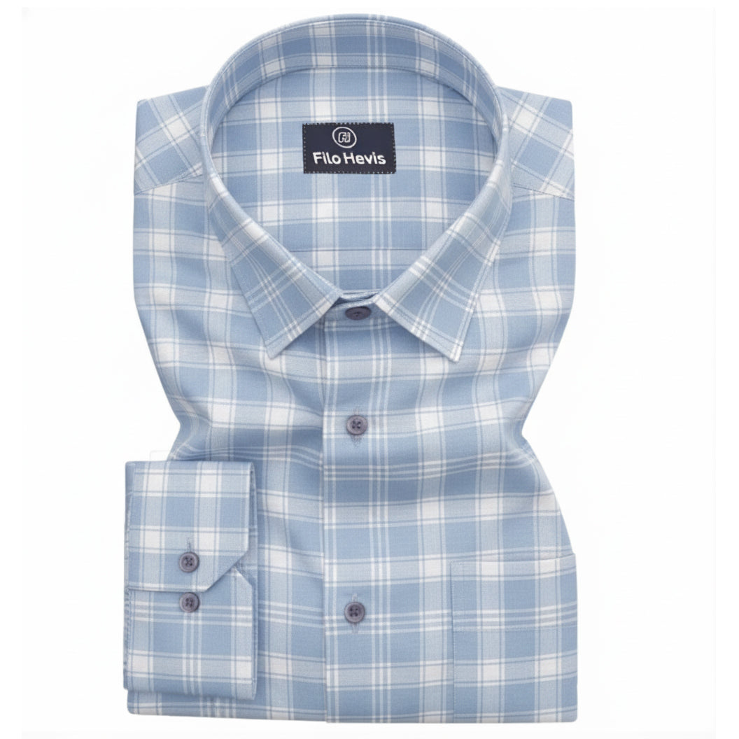 FORMAL COTTON CHECK SHIRTS FOR MEN - Sky Plaid (Long Sleeve)