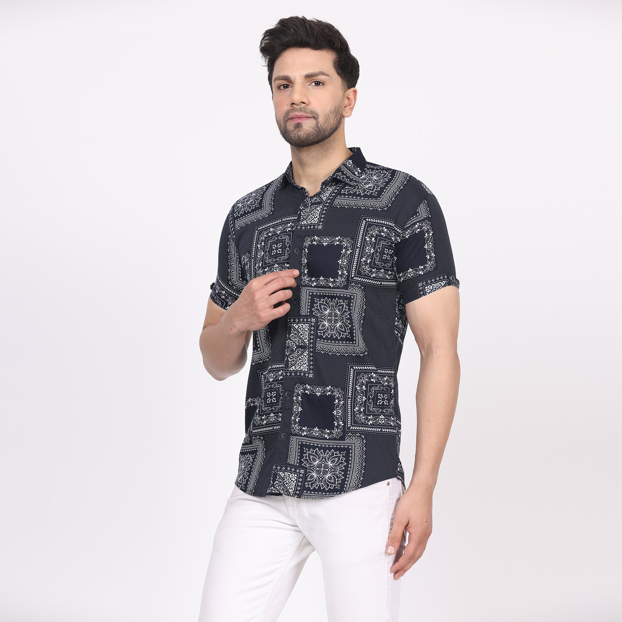 Men's Regular Fit Half Sleeve Printed Shirt-Black