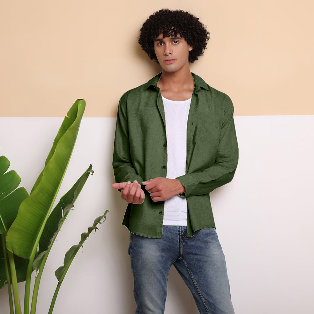 Men's Pure Linen Casual Shirt - Dark Green