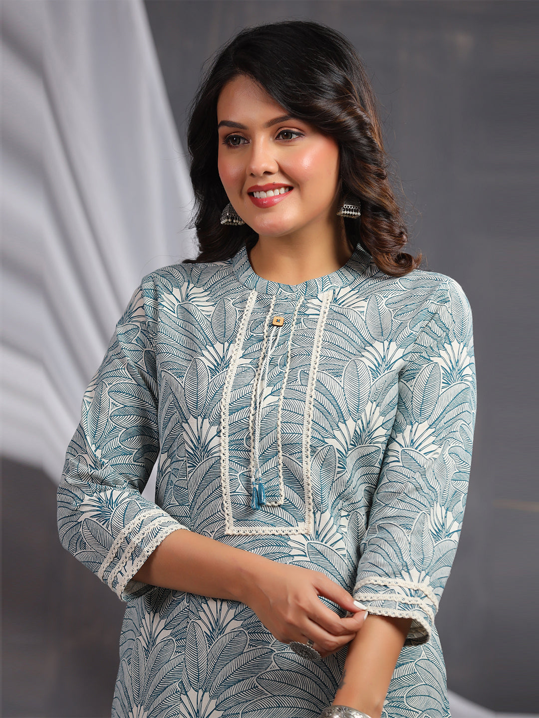 Leaf Print Cotton Mandarin Collar Straight Long Kurti- Light Blue