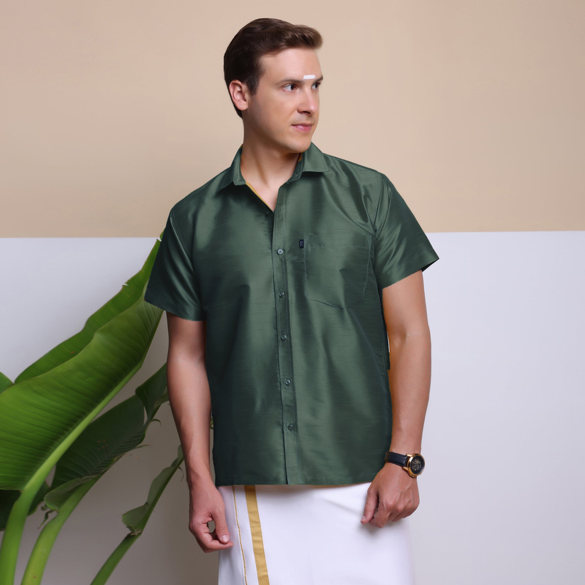 Men's Ethnic Wear Silk Shirt (Hunter Green)