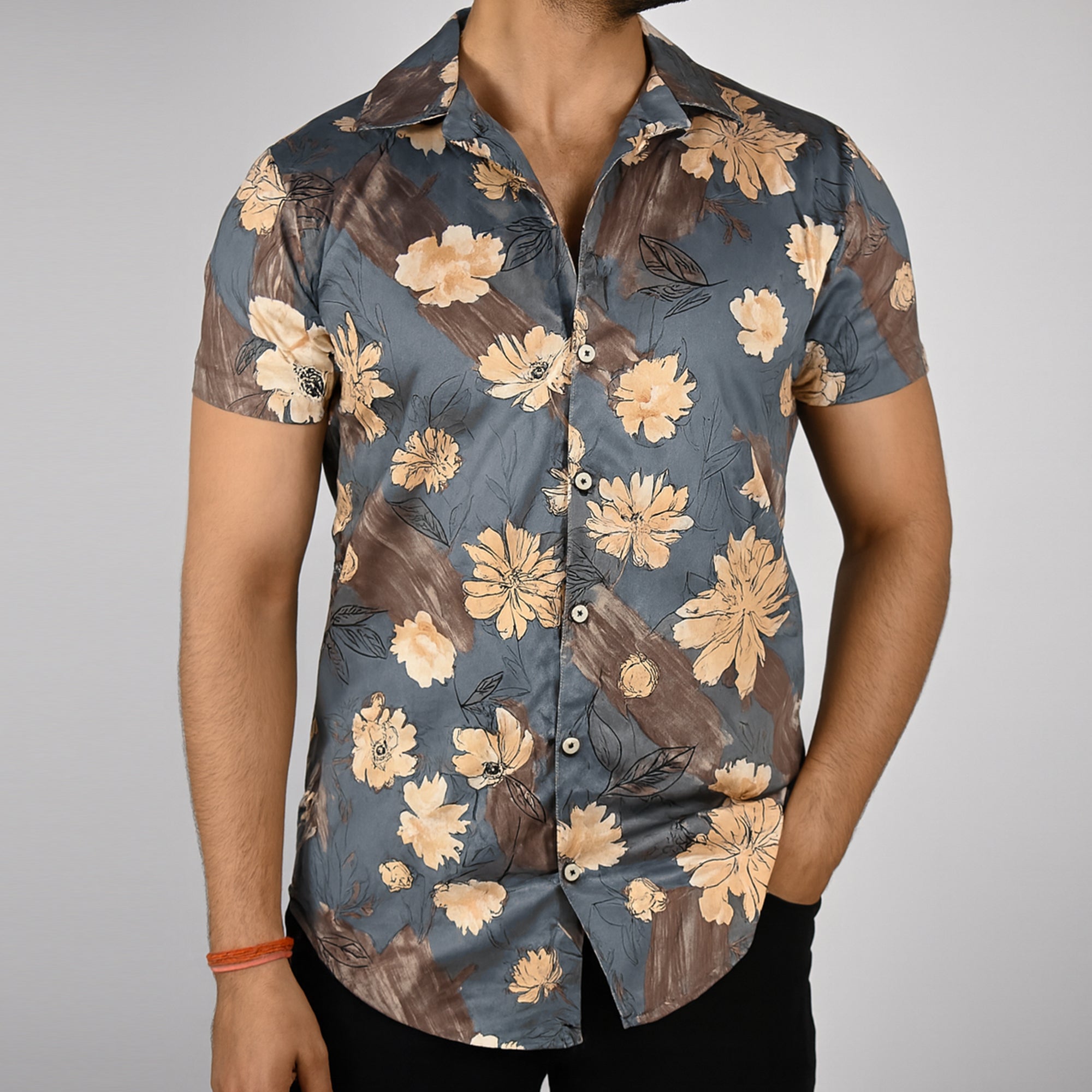 Men’s Floral Printed Slim Fit stretchable Shirt – Short Sleeve, Casual Wear-Grey