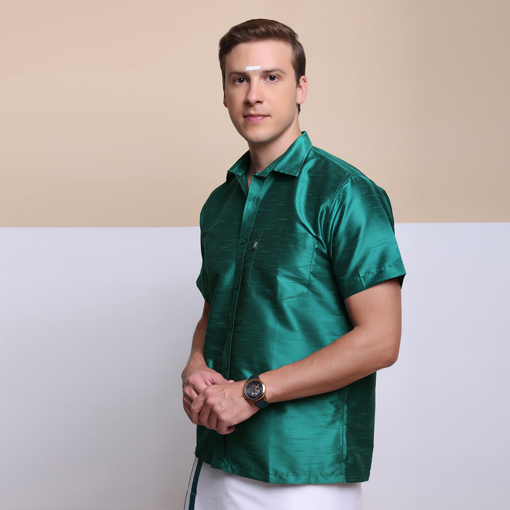 Men's Ethnic Wear Silk Shirt (Dark Green)