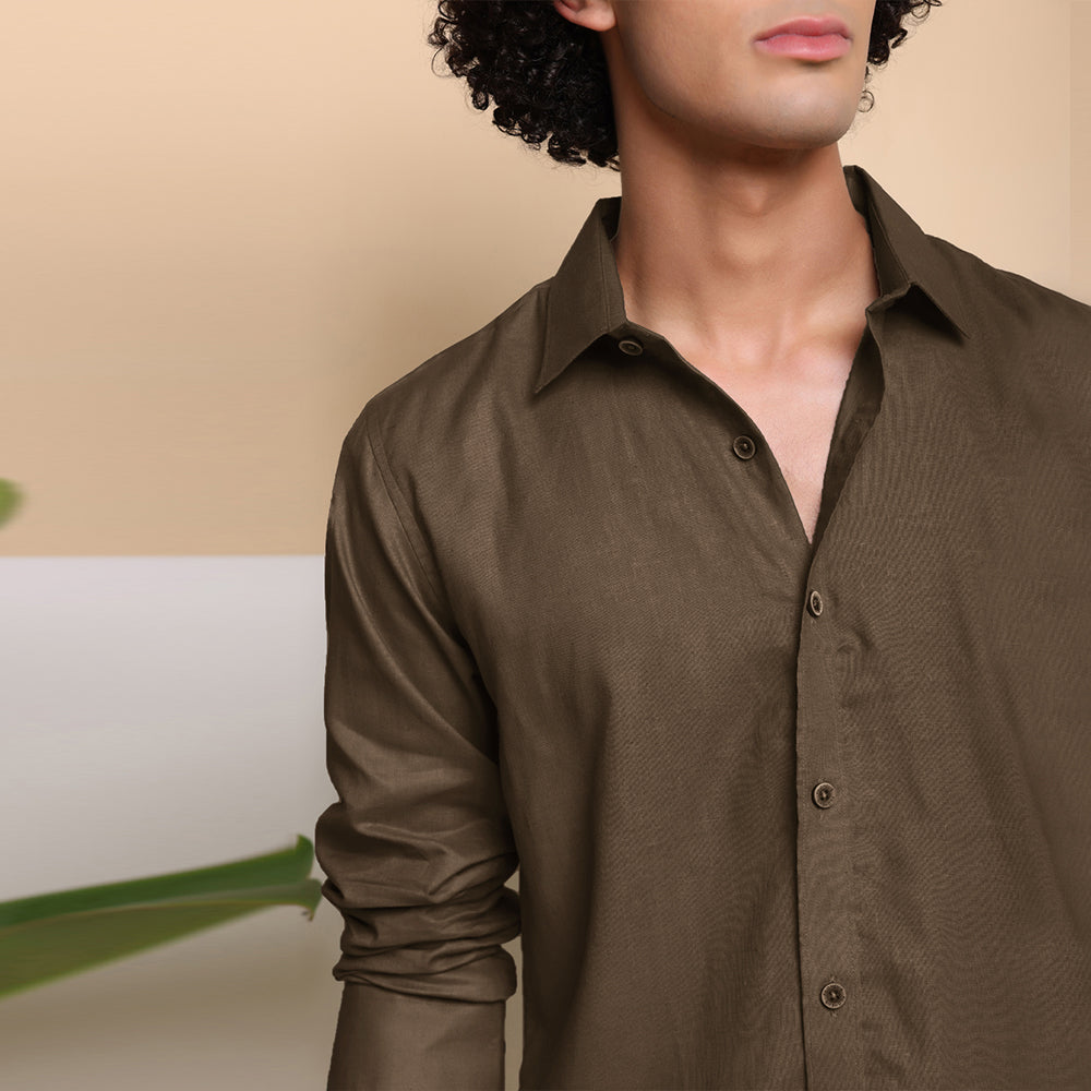 Men's Pure Linen Casual Shirt - Dark Brown