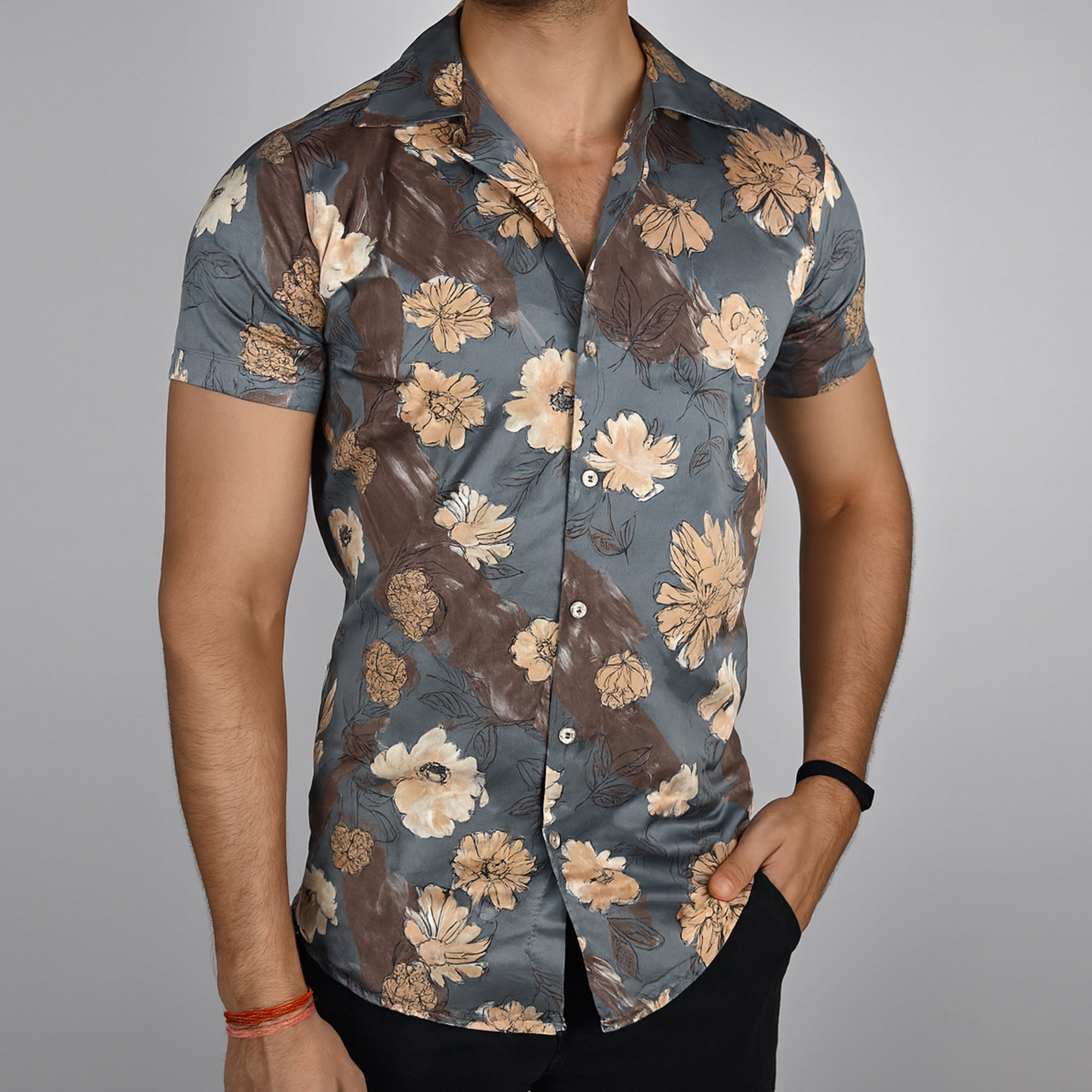 Men’s Floral Printed Slim Fit stretchable Shirt – Short Sleeve, Casual Wear-Grey