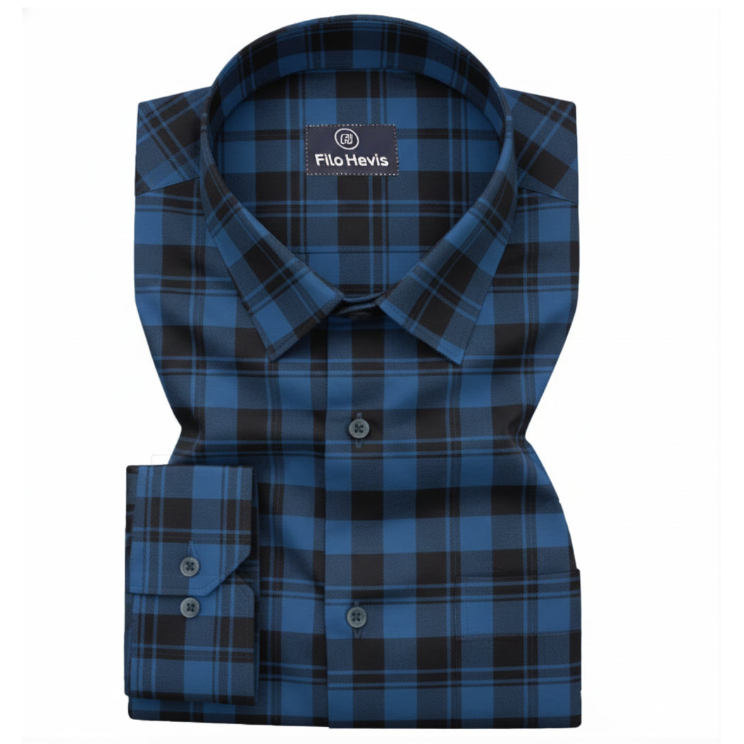 FORMAL COTTON CHECK SHIRTS FOR MEN - Blue Plaid (Long Sleeve)