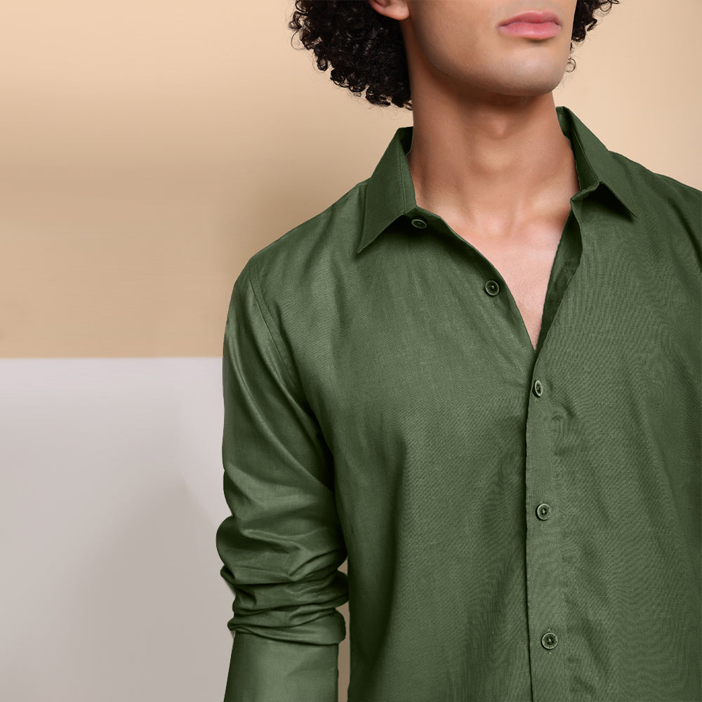 Men's Pure Linen Casual Shirt - Dark Green