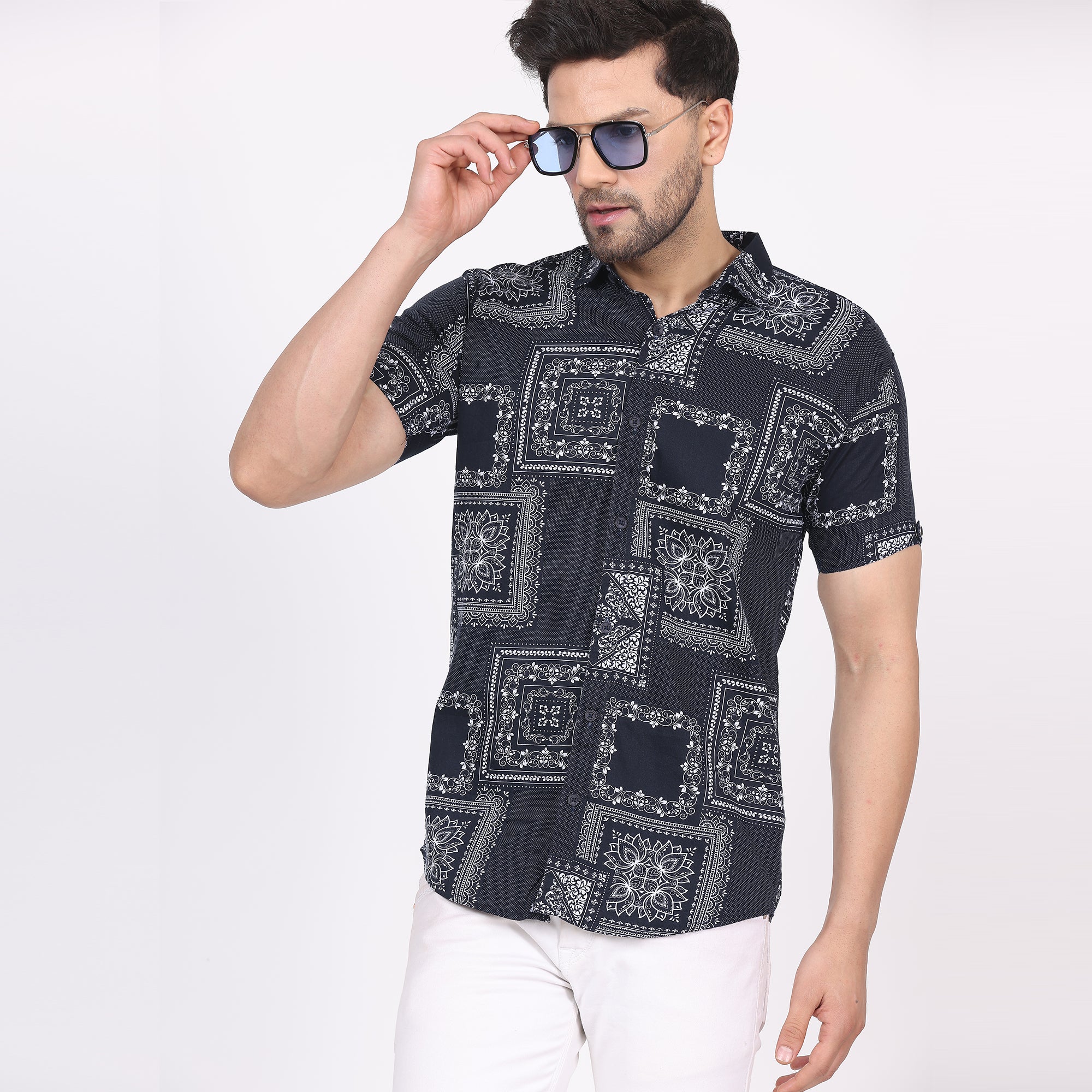 Men's Regular Fit Half Sleeve Printed Shirt-Black