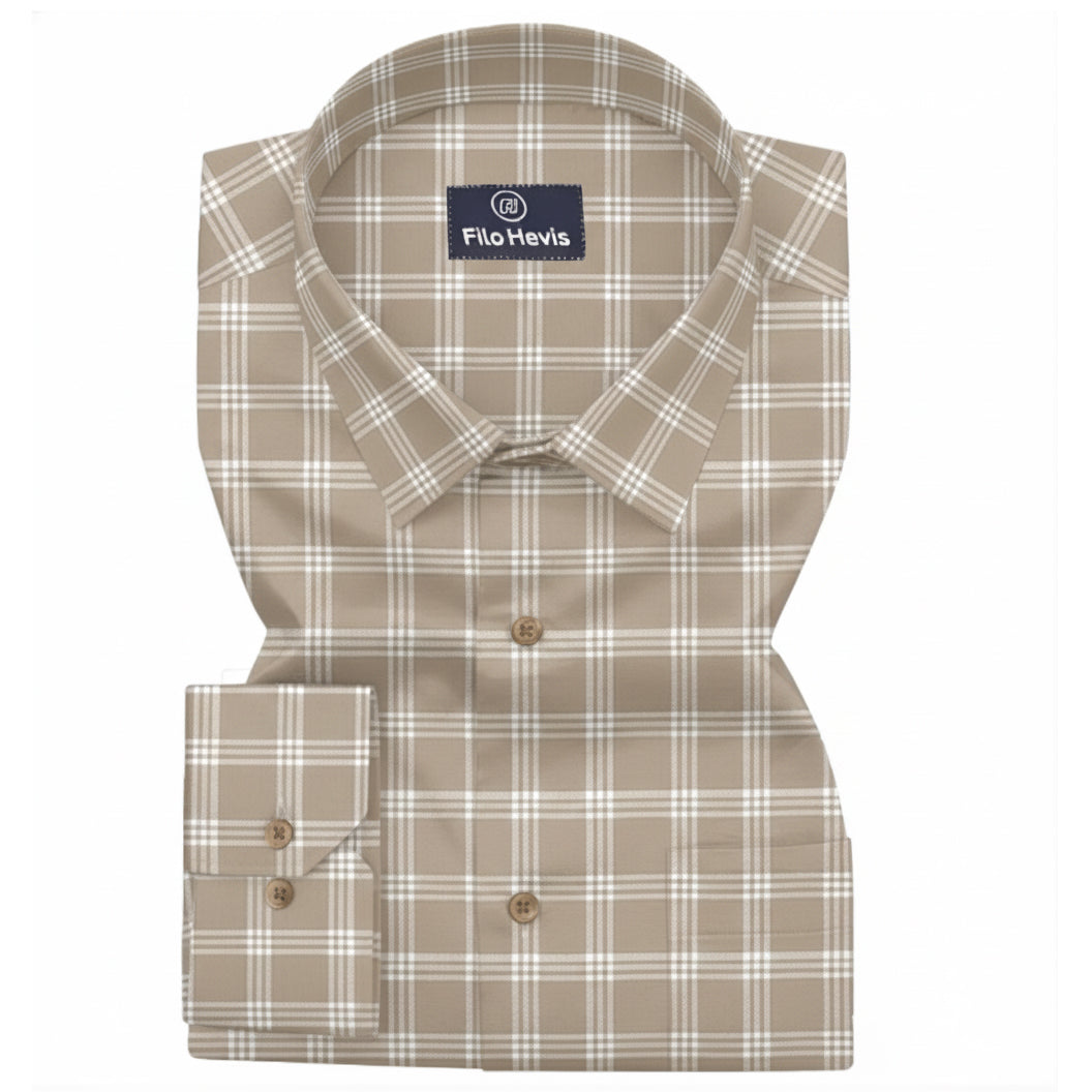 FORMAL COTTON CHECK SHIRTS FOR MEN - Light Brown Plaid (Long Sleeve)