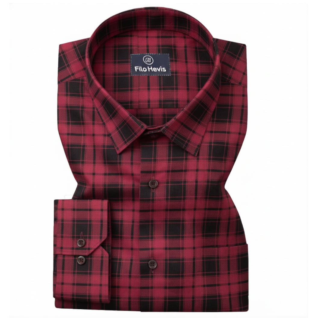 FORMAL COTTON CHECK SHIRTS FOR MEN - Red Plaid (Long Sleeve)