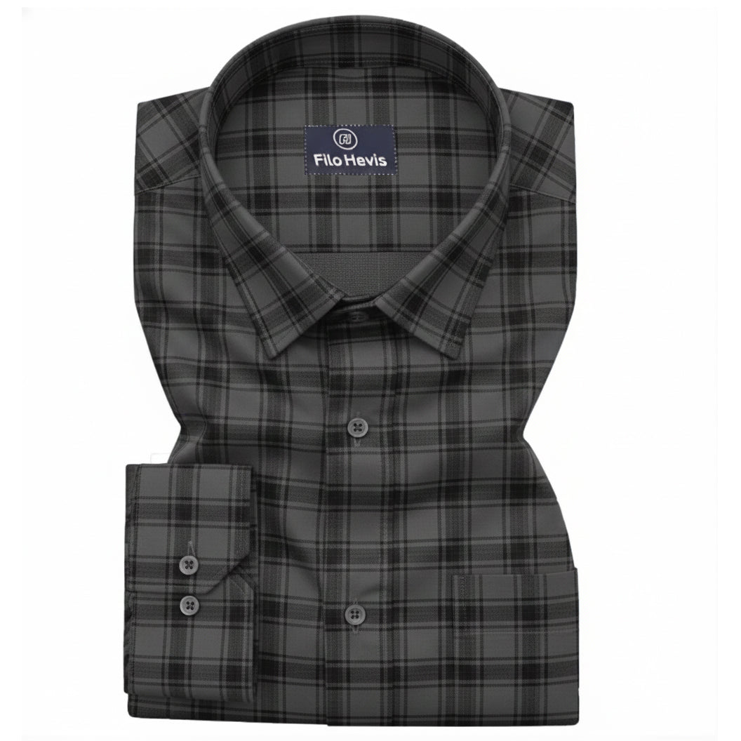 FORMAL COTTON CHECK SHIRTS FOR MEN - Dark Grey Plaid (Long Sleeve)