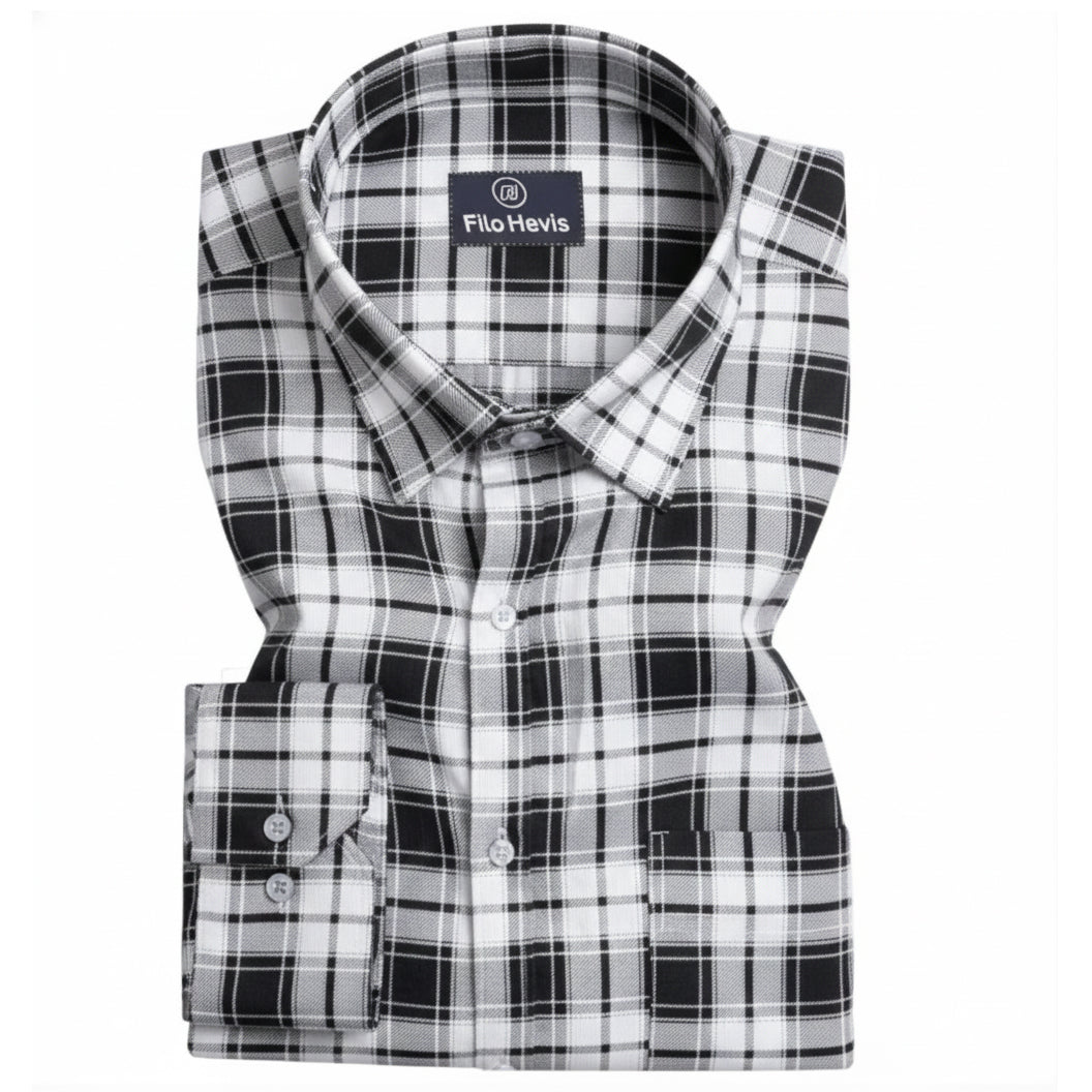 FORMAL COTTON CHECK SHIRTS FOR MEN - Black & White Plaid (Long Sleeve)