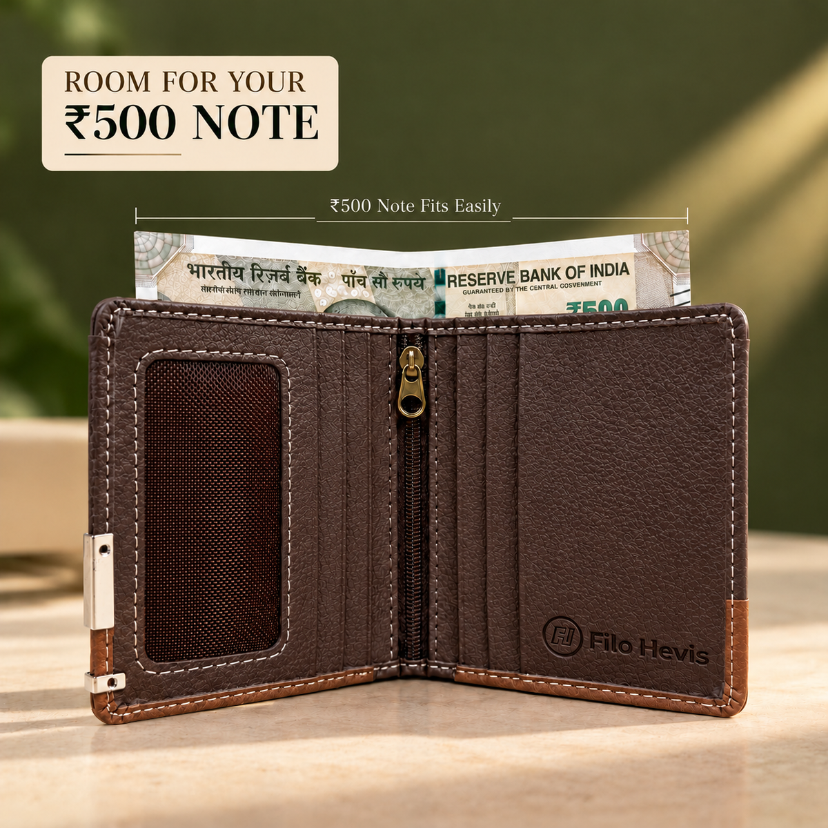Wallet for Men | Textured Bifold Wallet with Zipper Coin Pocket & Card Slots | Brown-Tan