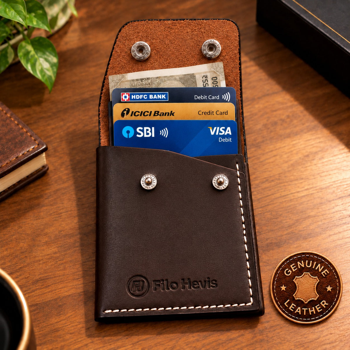 Leather Snap Button Wallet for Men – Compact Card Holder with Cash Pocket- Tan