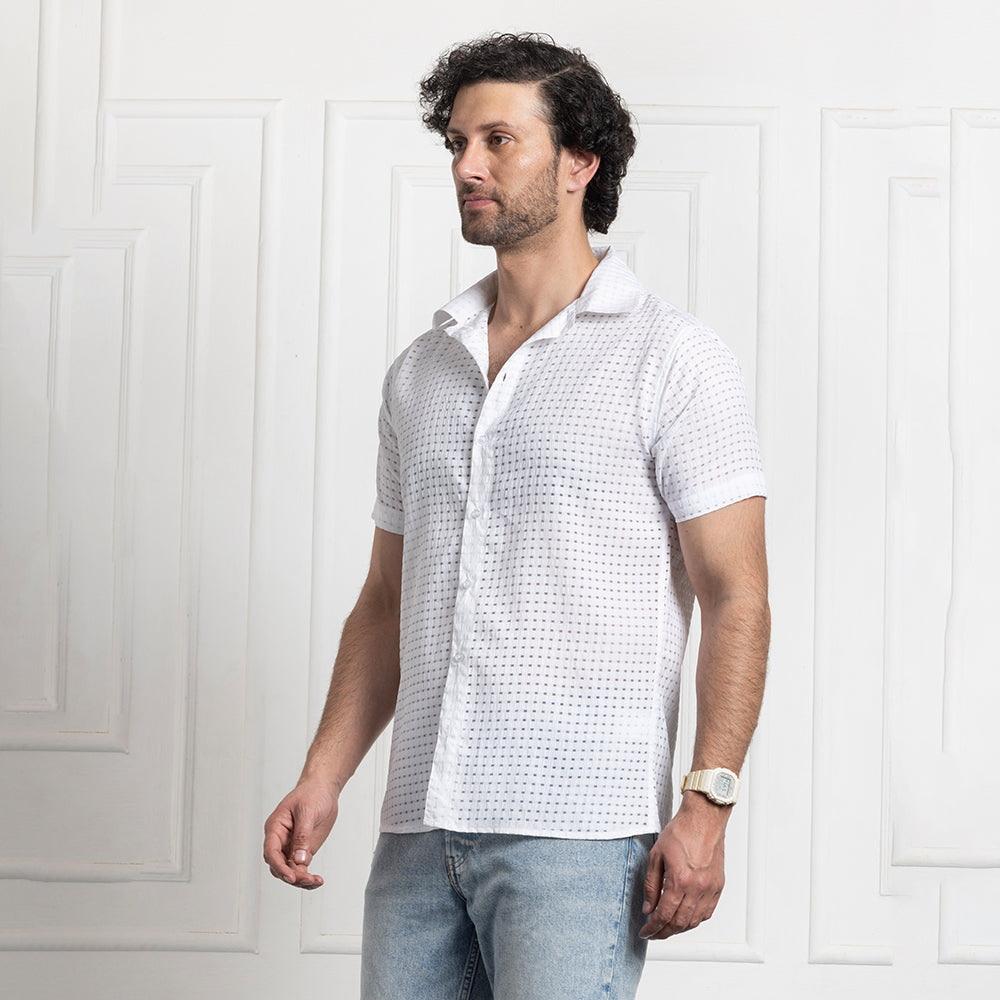 Men's Net Self Cuban Collar Casual Shirt White