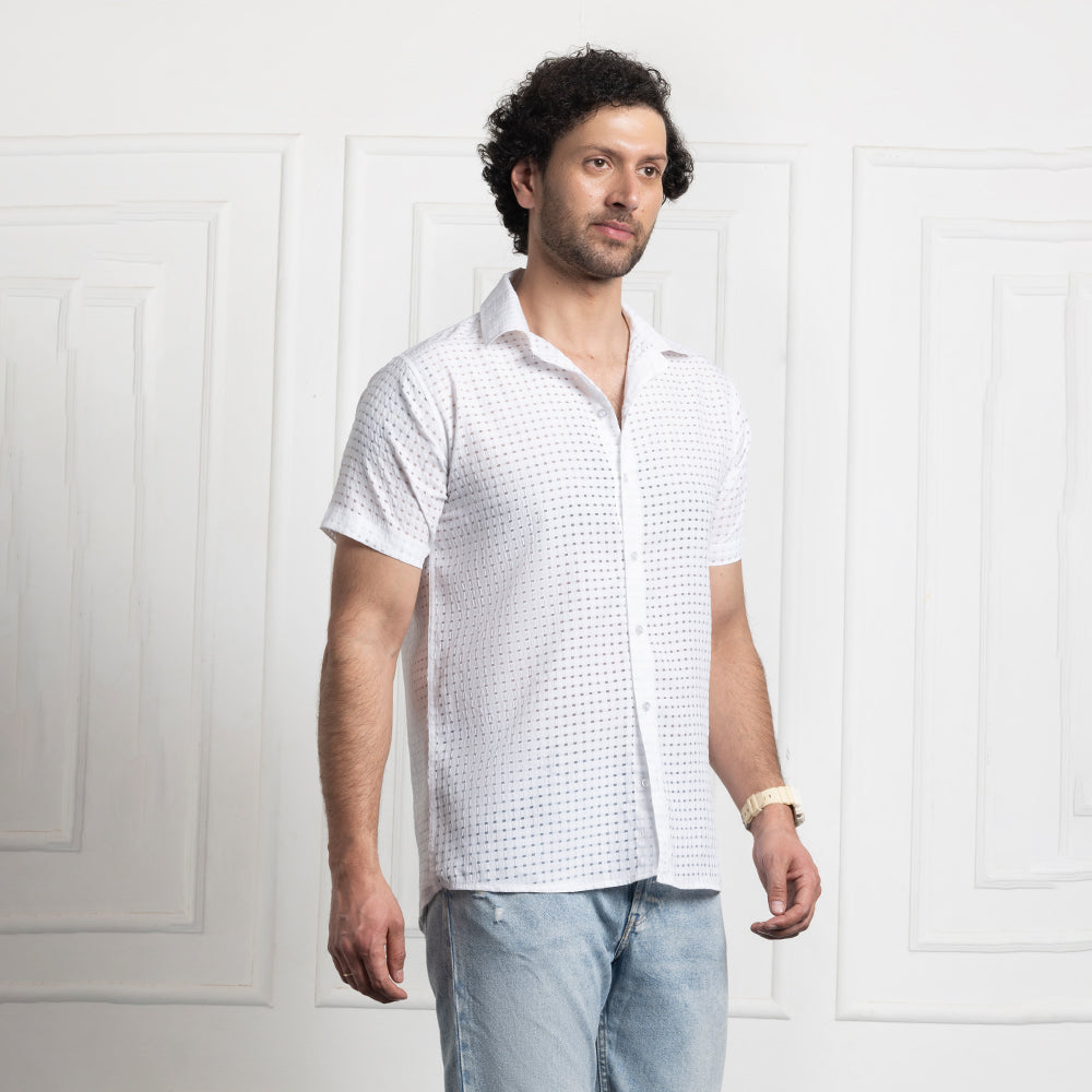 Men's Net Self Cuban Collar Casual Shirt White