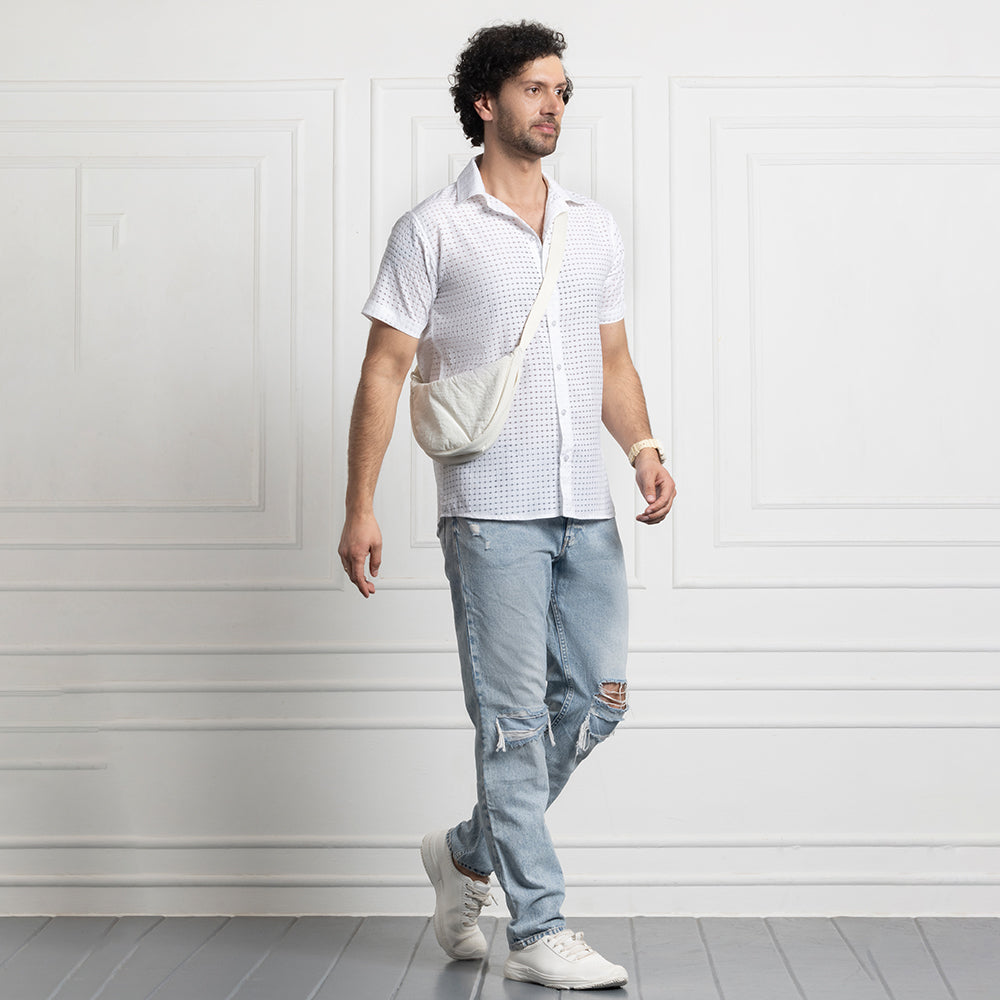 Men's Net Self Cuban Collar Casual Shirt White