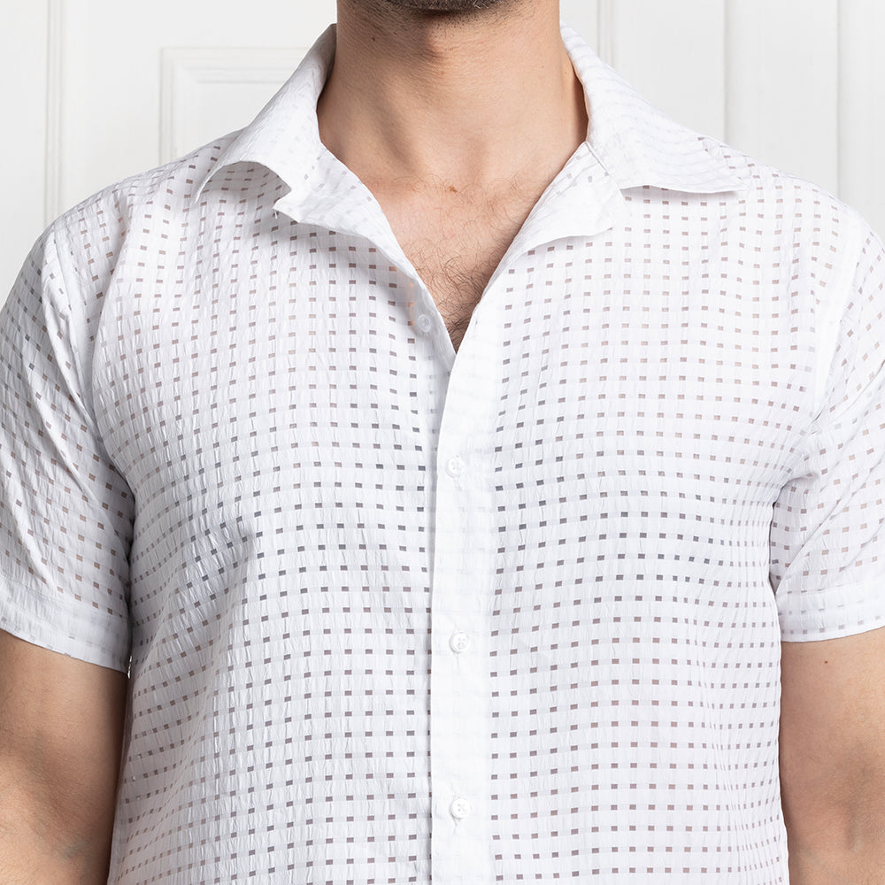 Men's Net Self Cuban Collar Casual Shirt White