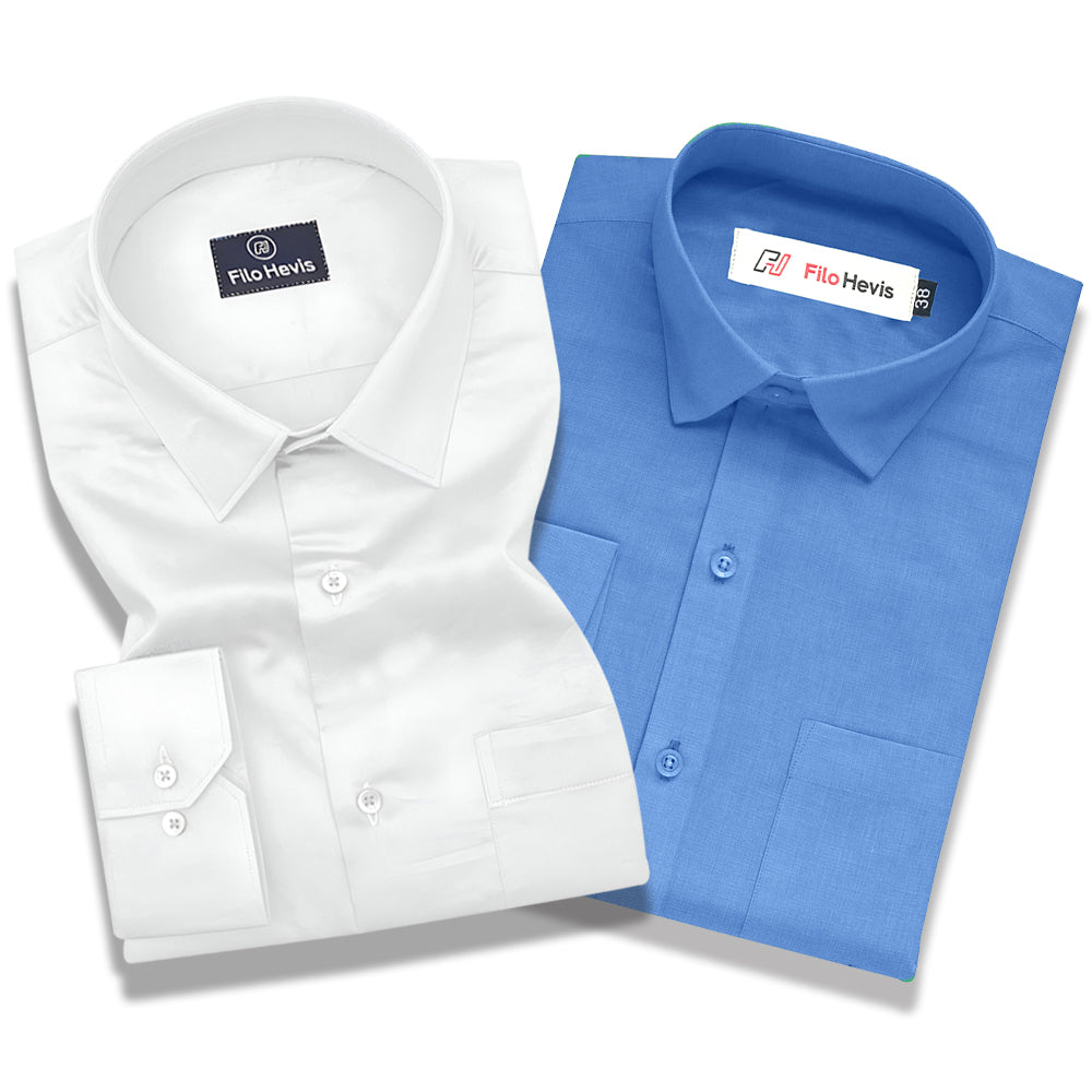 Cotton Satin White & Filafil Blue- Classic Pocket Shirt Combo (Set of 2)