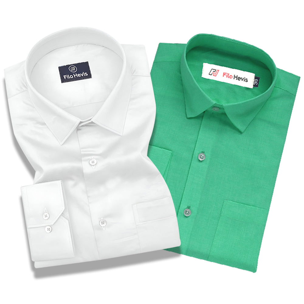 Cotton Satin White & Filafil Green- Classic Pocket Shirt Combo (Set of 2)