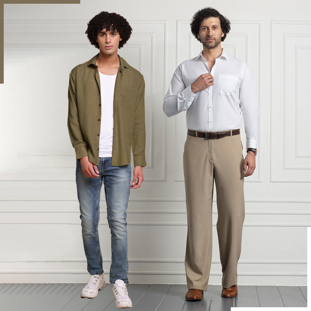 Linen Brown & Filafil White - Classic Shirt Combo (Set of 2)
