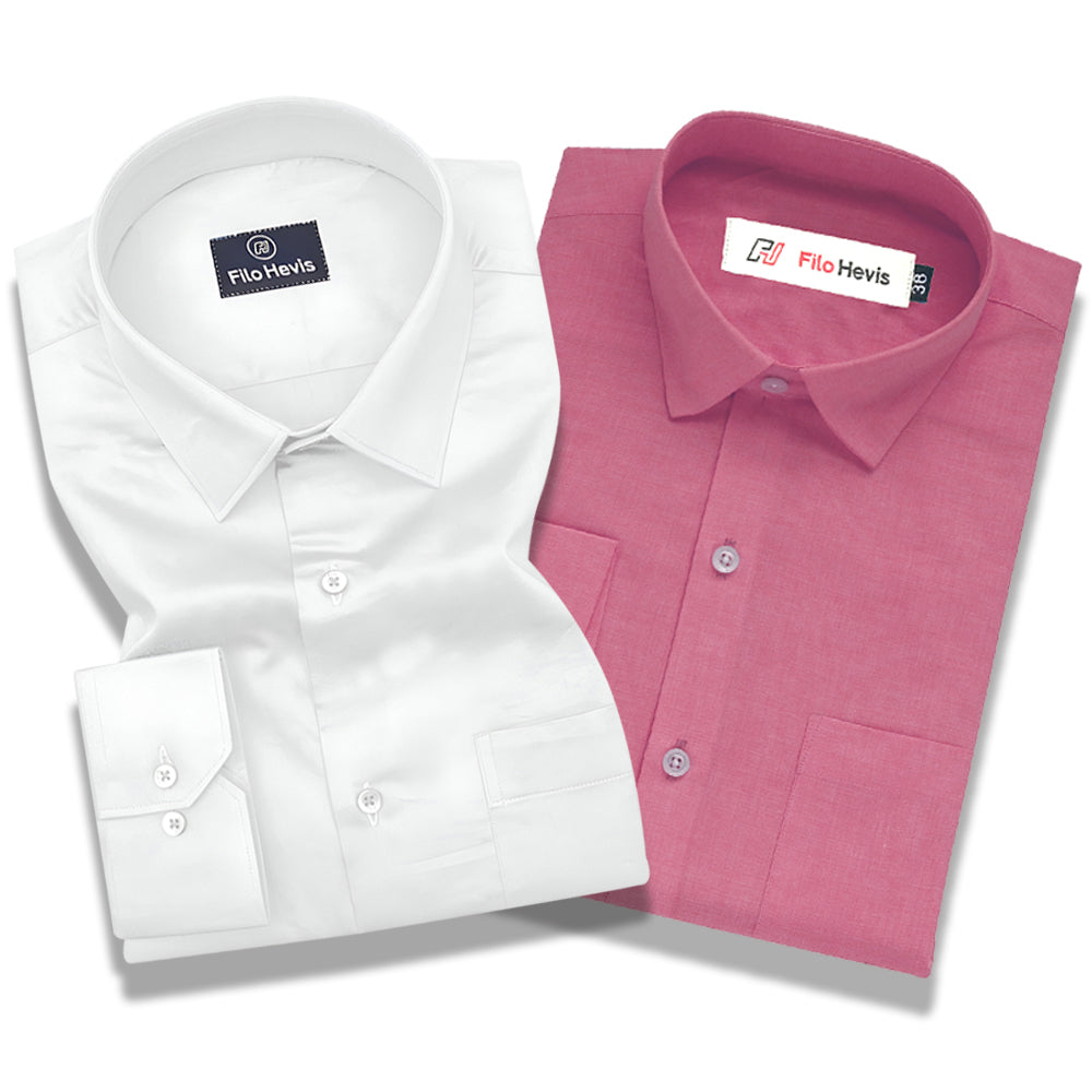 Cotton Satin White & Filafil Pink- Classic Pocket Shirt Combo (Set of 2)