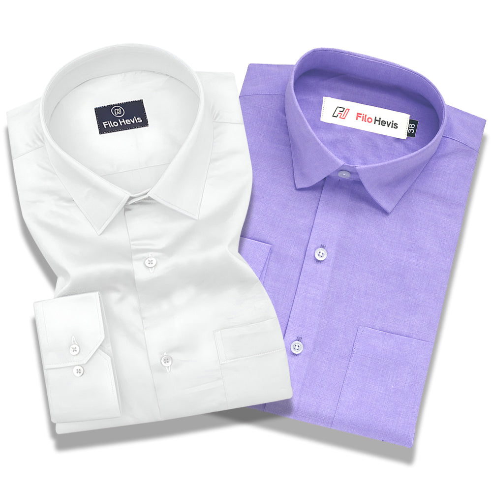 Cotton Satin White & Filafil Purple- Classic Pocket Shirt Combo (Set of 2)