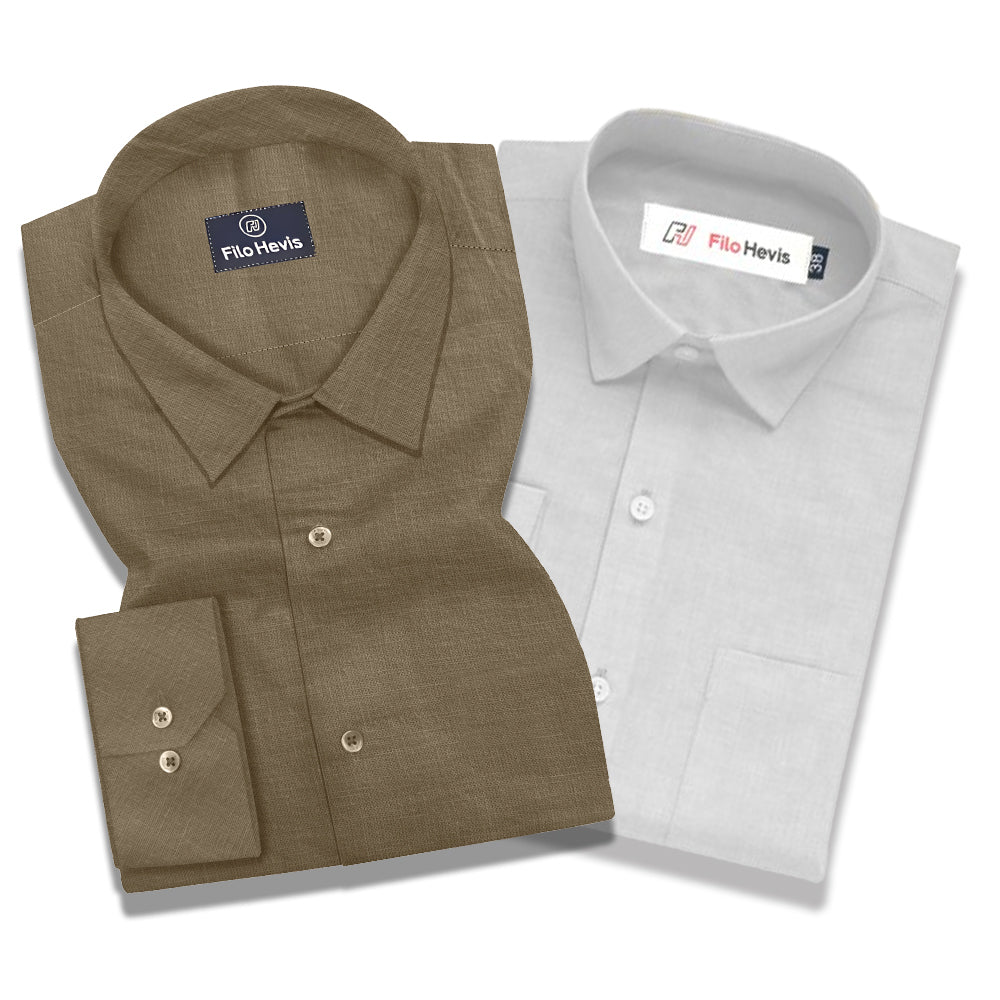 Linen Brown & Filafil White - Classic Shirt Combo (Set of 2)