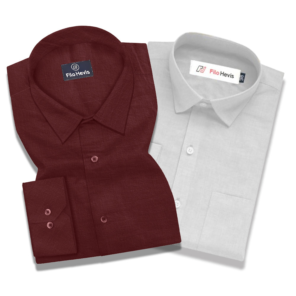 Linen Maroon & Filafil White - Classic Shirt Combo (Set of 2)