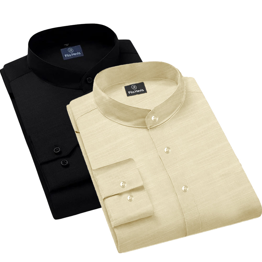 Pack of 2 | Men's Cotton-Linen Chinese Collar T-Neck Shirts |  Black & Beige Combo | Regular fit