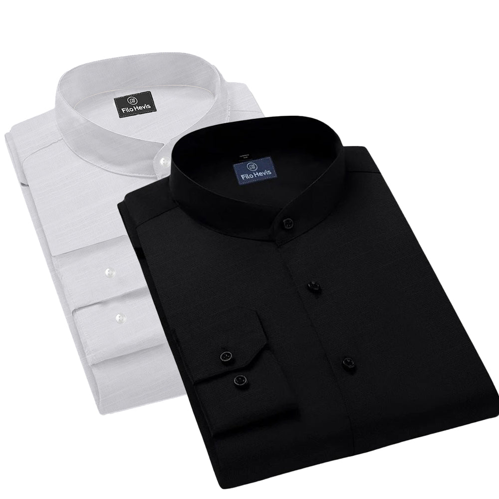 Pack of 2 | Men's Cotton-Linen Chinese Collar T-Neck Shirts |  White & Black Combo | Regular fit