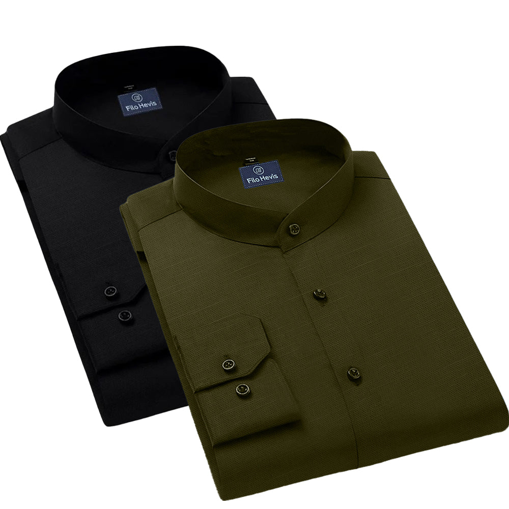 Pack of 2 | Men's Cotton-Linen Chinese Collar T-Neck Shirts |  Black & Dark Green Combo | Regular fit