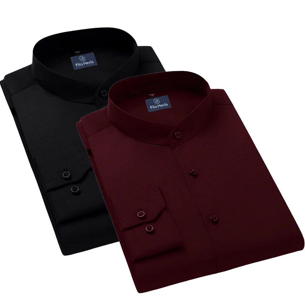 Pack of 2 | Men's Cotton-Linen Chinese Collar T-Neck Shirts |  Black & Dark Maroon Combo | Regular fit