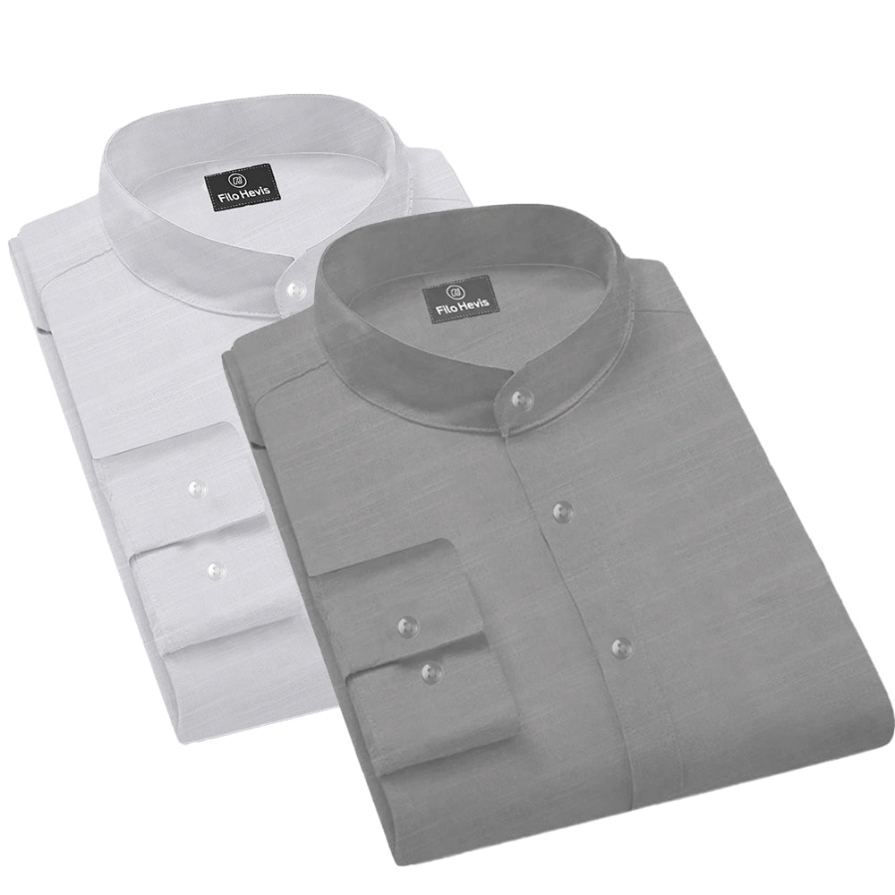 Pack of 2 | Men's Cotton-Linen Chinese Collar T-Neck Shirts |  White & Gray Combo | Regular fit
