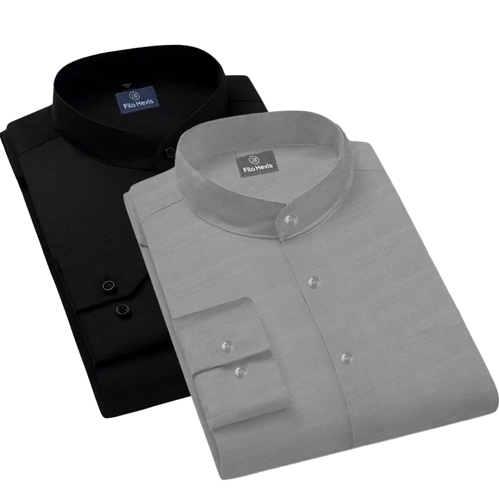 Pack of 2 | Men's Cotton-Linen Chinese Collar T-Neck Shirts |  Black & Gray Combo | Regular fit