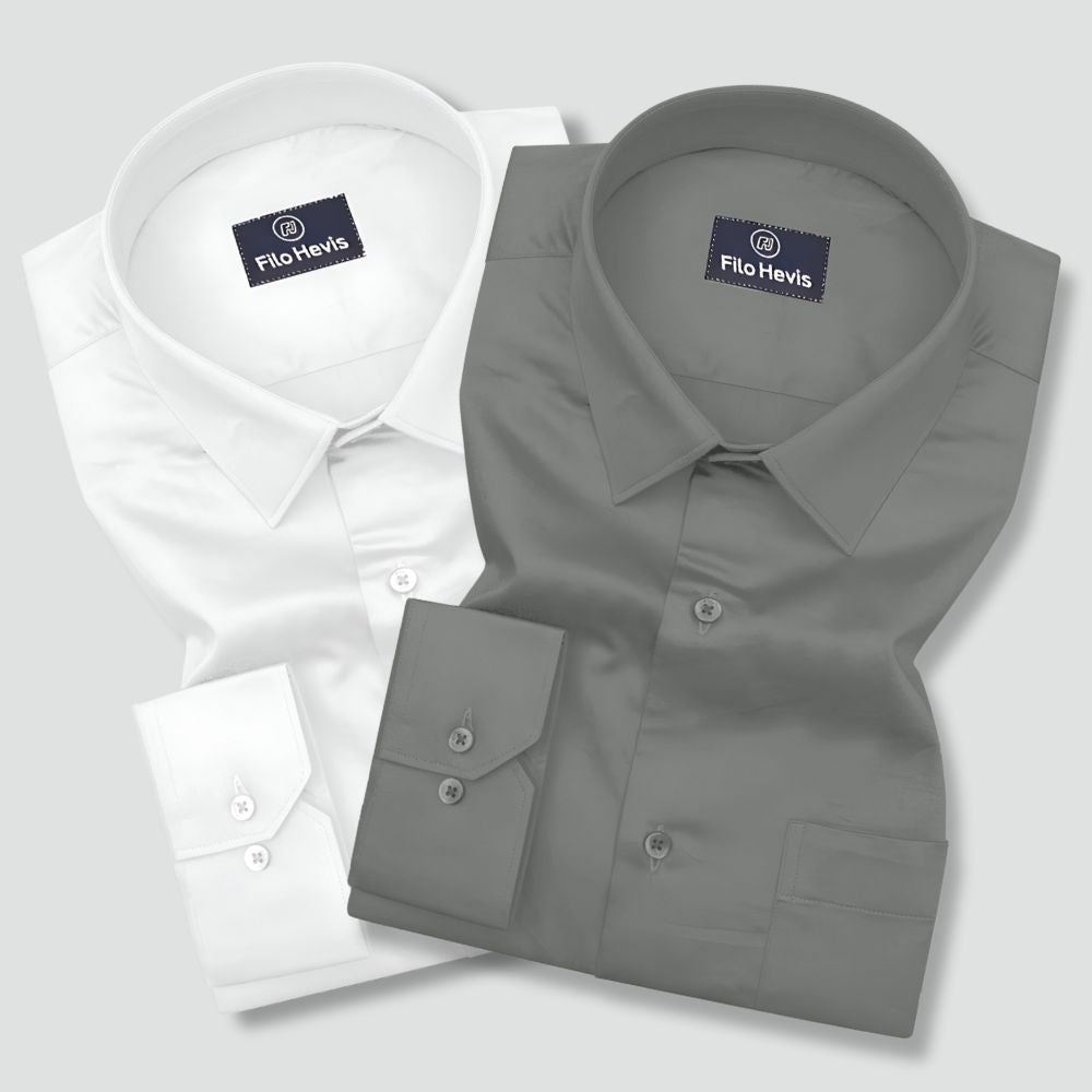 Combo of 2 Premium Cotton Formal Shirts – White & Grey | Single Pocket | Smart Fit