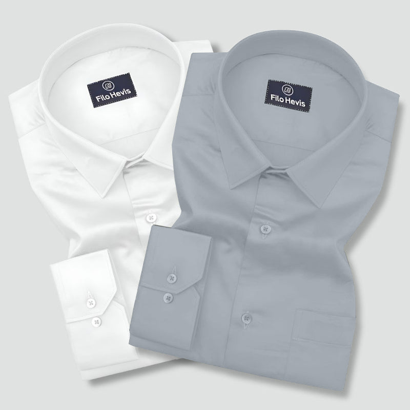 Combo of 2 Premium Cotton Formal Shirts – White & Grey | Single Pocket | Smart Fit