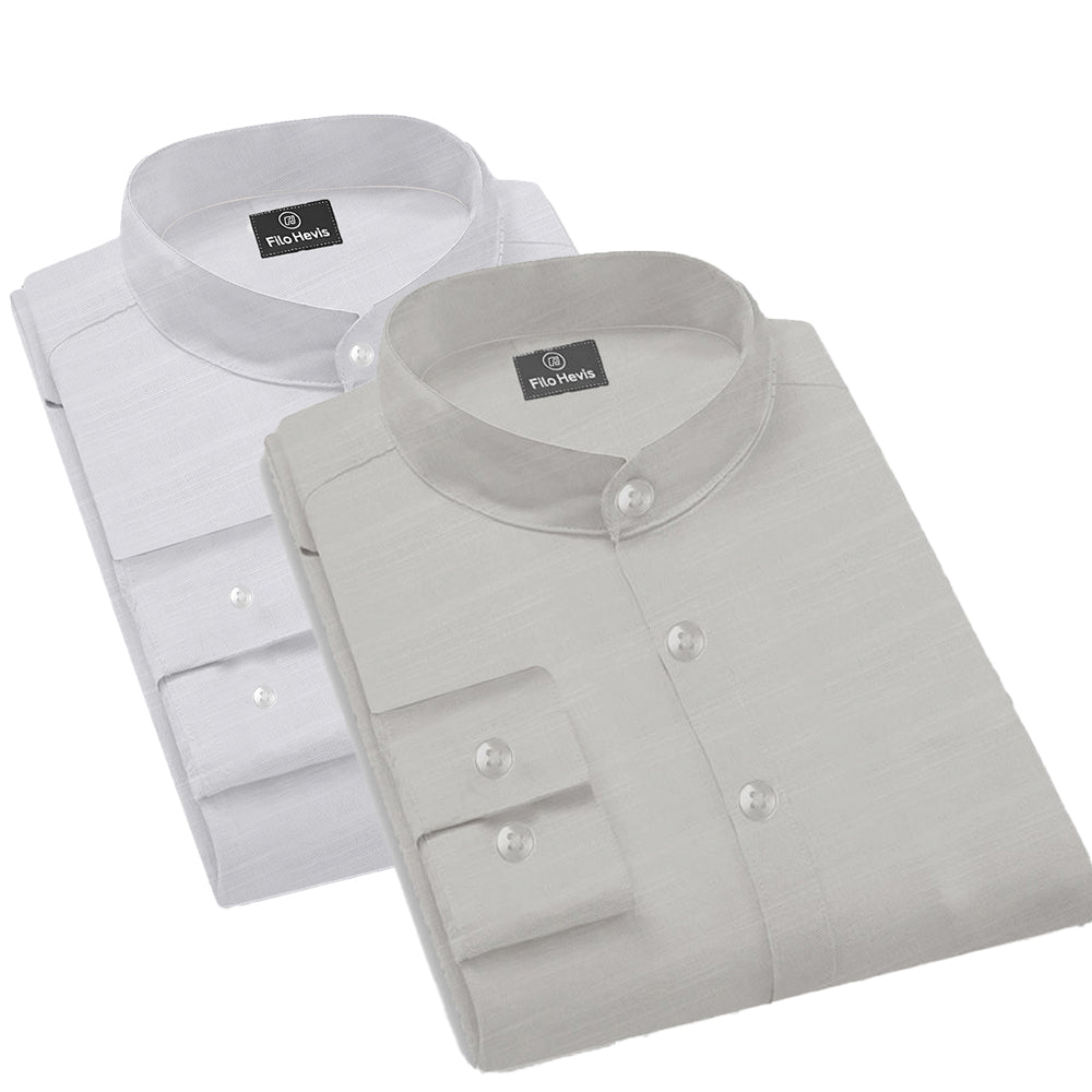 Pack of 2 | Men's Cotton-Linen Chinese Collar T-Neck Shirts |  White & Light Gray Combo | Regular fit