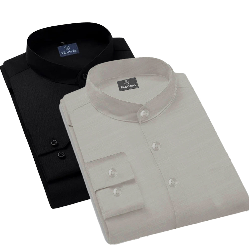 Pack of 2 | Men's Cotton-Linen Chinese Collar T-Neck Shirts |  Black & Light Gray Combo | Regular fit