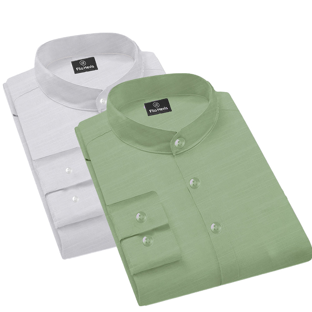 Pack of 2 | Men's Cotton-Linen Chinese Collar T-Neck Shirts |  White & Light Green Combo | Regular fit
