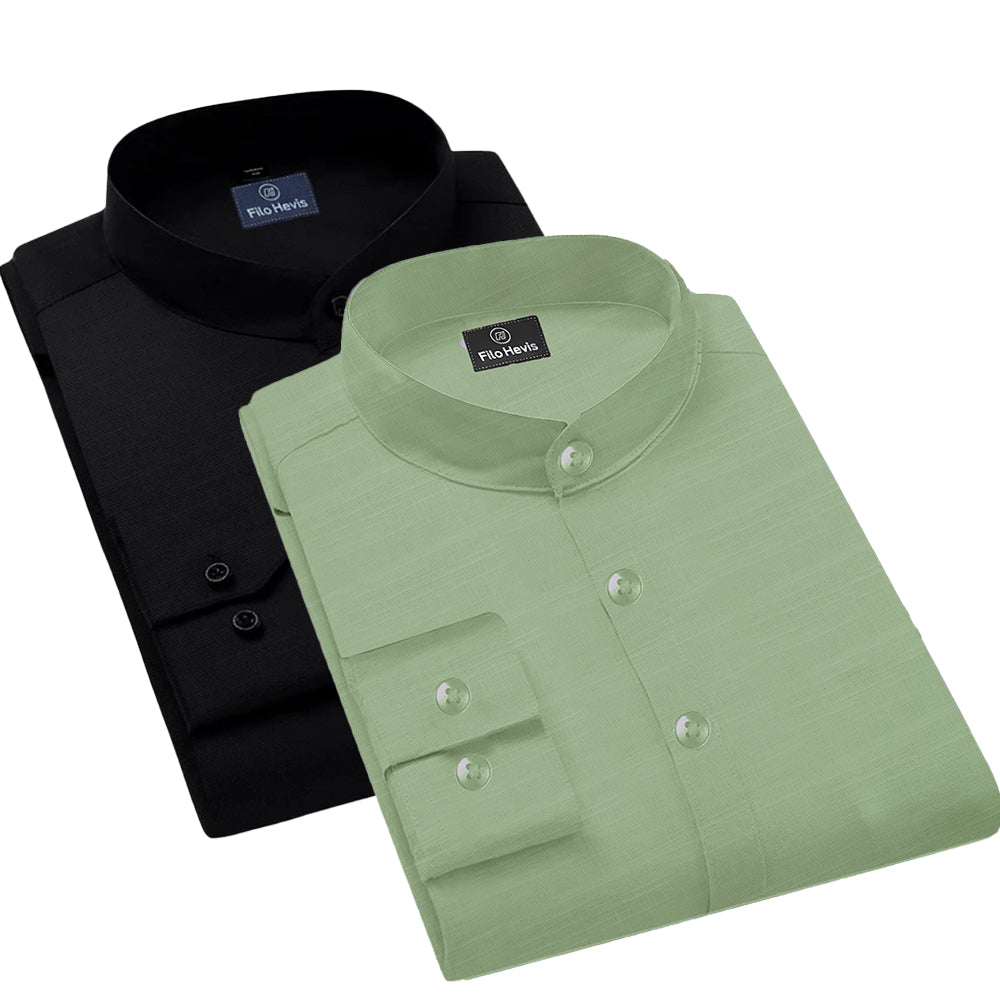 Pack of 2 | Men's Cotton-Linen Chinese Collar T-Neck Shirts |  Black & Light Green Combo | Regular fit