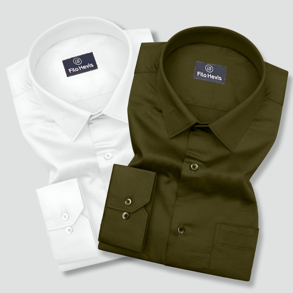 Combo of 2 Premium Cotton Formal Shirts – White & Light Mehndi | Single Pocket | Smart Fit