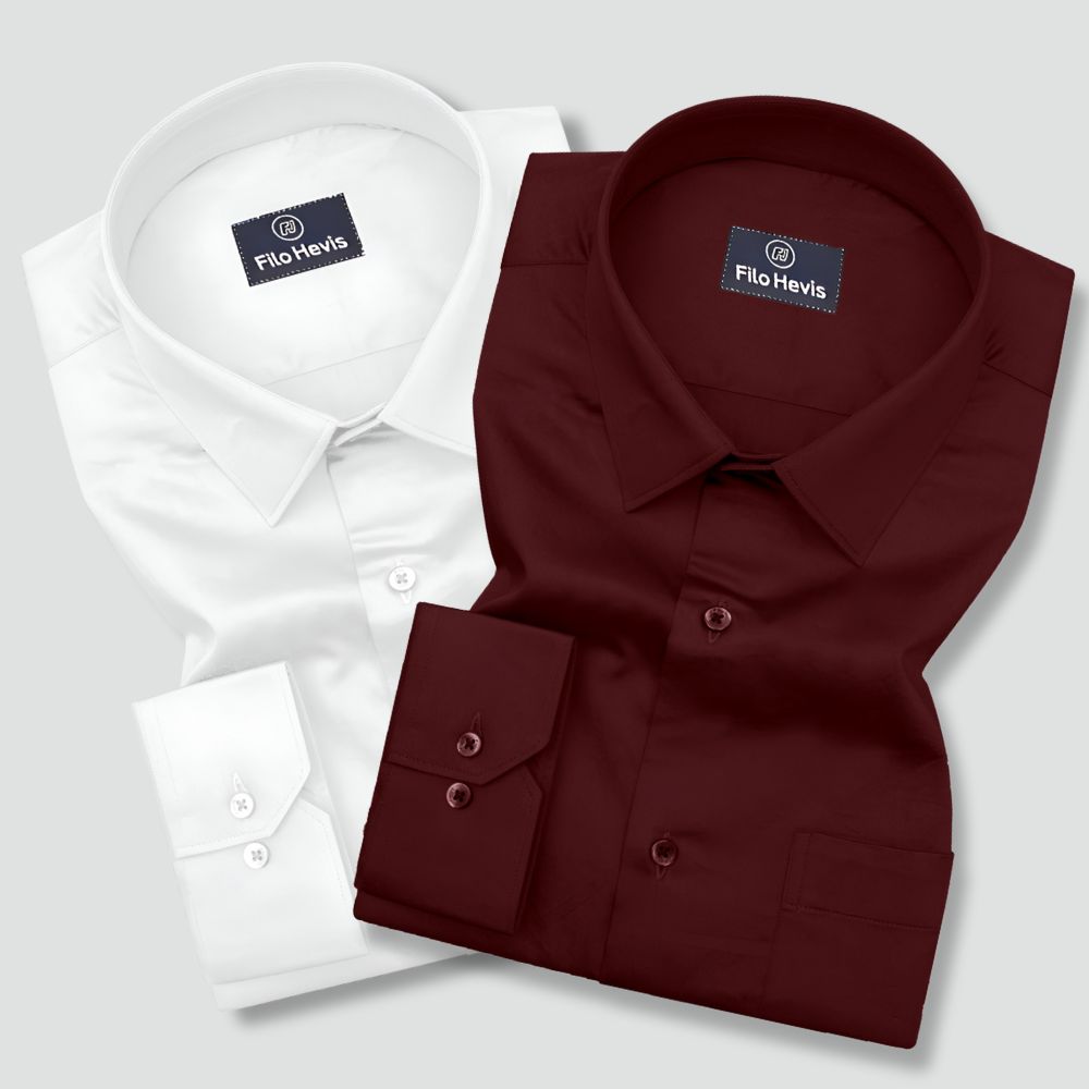 Combo of 2 Premium Cotton Formal Shirts – White & Maroon | Single Pocket | Smart Fit