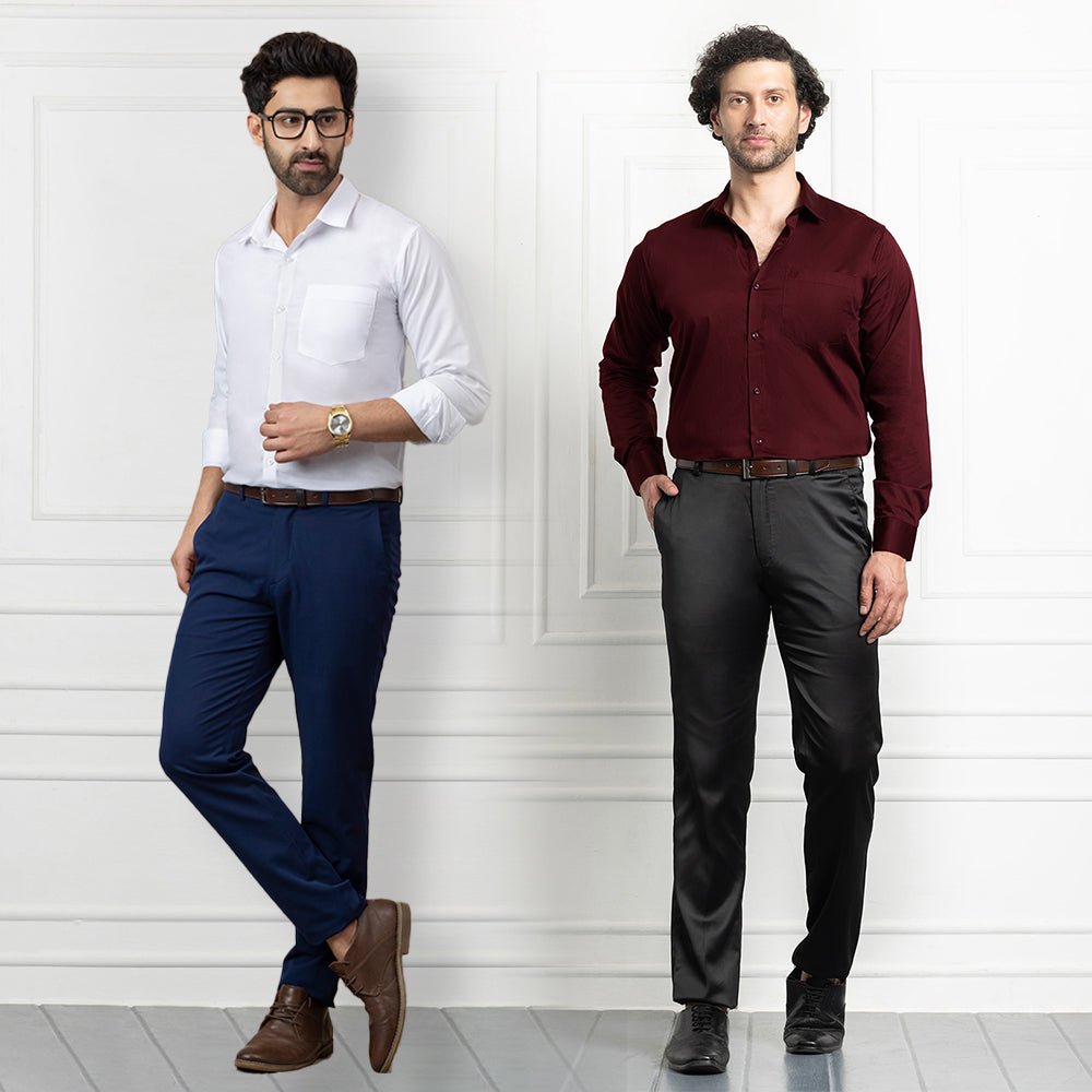 Combo of 2 Premium Cotton Formal Shirts – White & Maroon | Single Pocket | Smart Fit