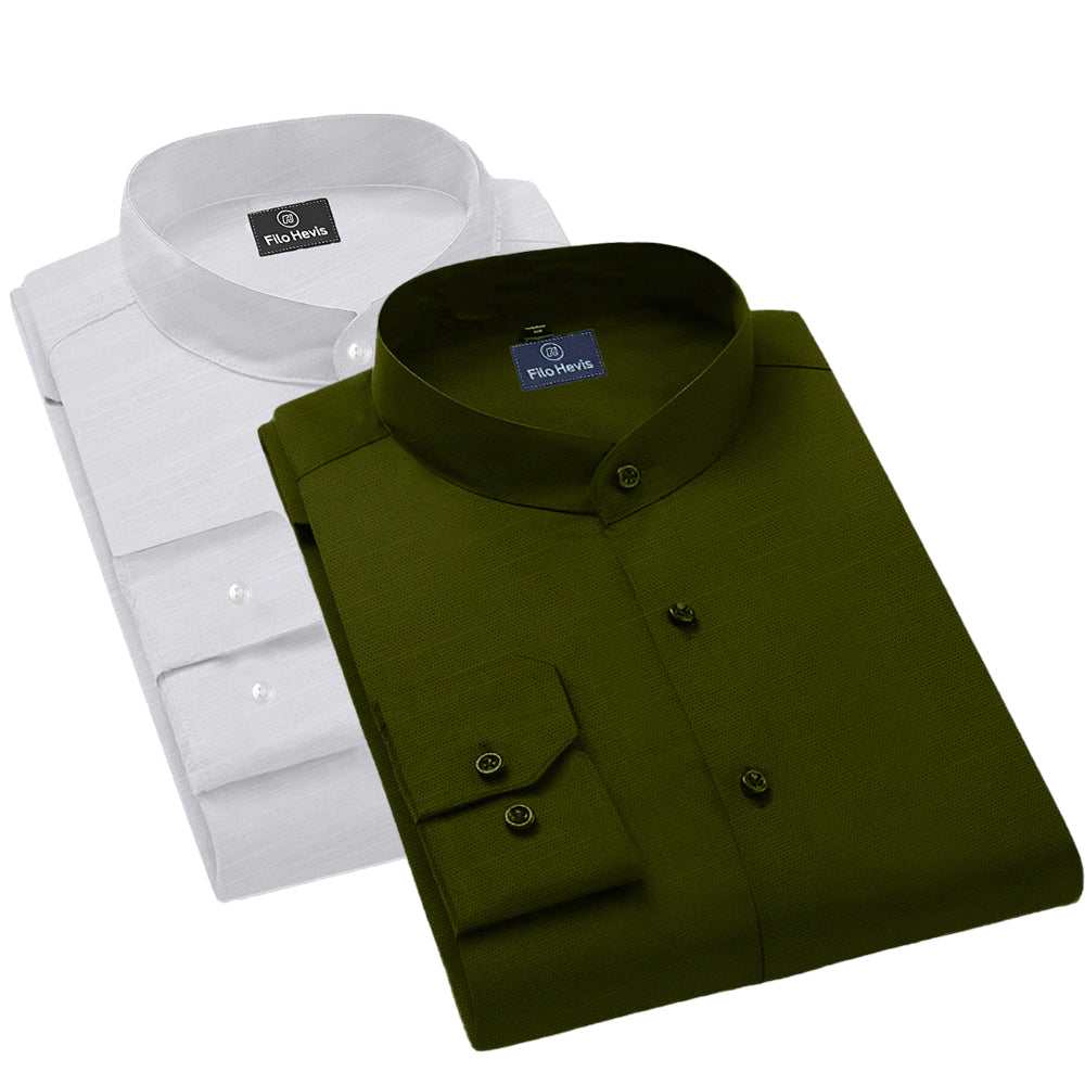 Pack of 2 | Men's Cotton-Linen Chinese Collar T-Neck Shirts |  White & Mehandi Green Combo | Regular fit