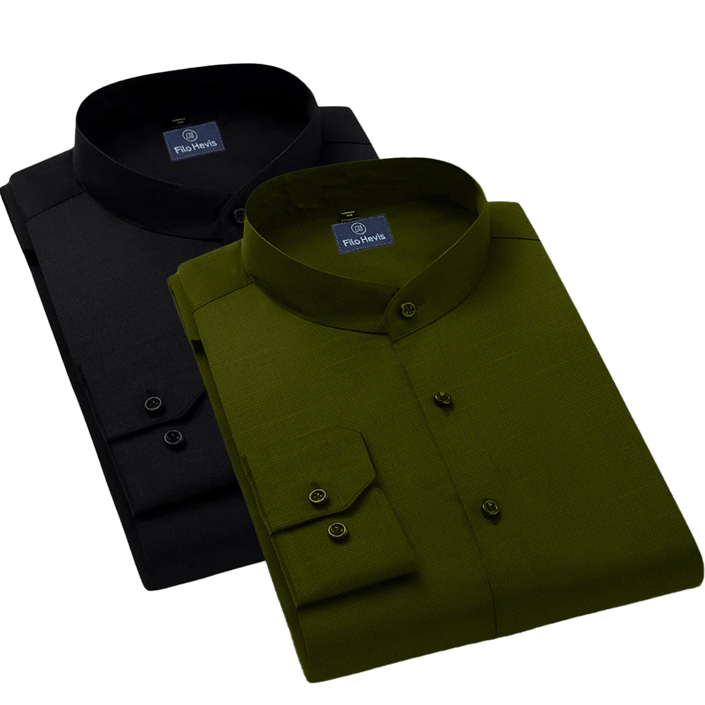 Pack of 2 | Men's Cotton-Linen Chinese Collar T-Neck Shirts |  Black & Mehandi Green Combo | Regular fit