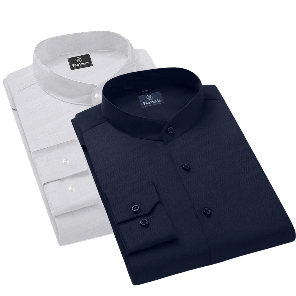 Pack of 2 | Men's Cotton-Linen Chinese Collar T-Neck Shirts |  White & Navy Blue Combo | Regular fit