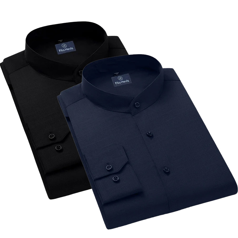 Pack of 2 | Men's Cotton-Linen Chinese Collar T-Neck Shirts |  Black & Navy Blue Combo | Regular fit